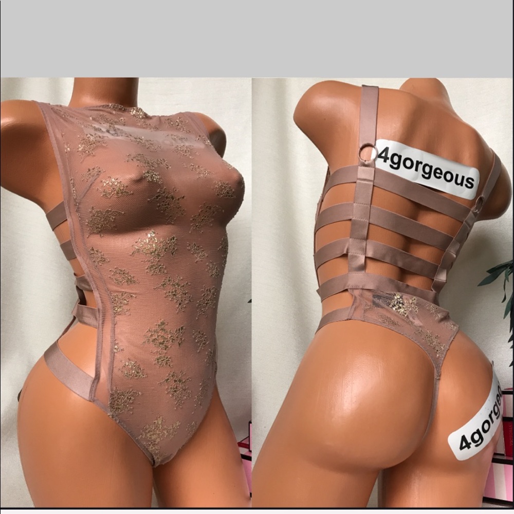 Victoria's Secret Sheer Lace Bodysuit in Mauve with Gold Embroidery